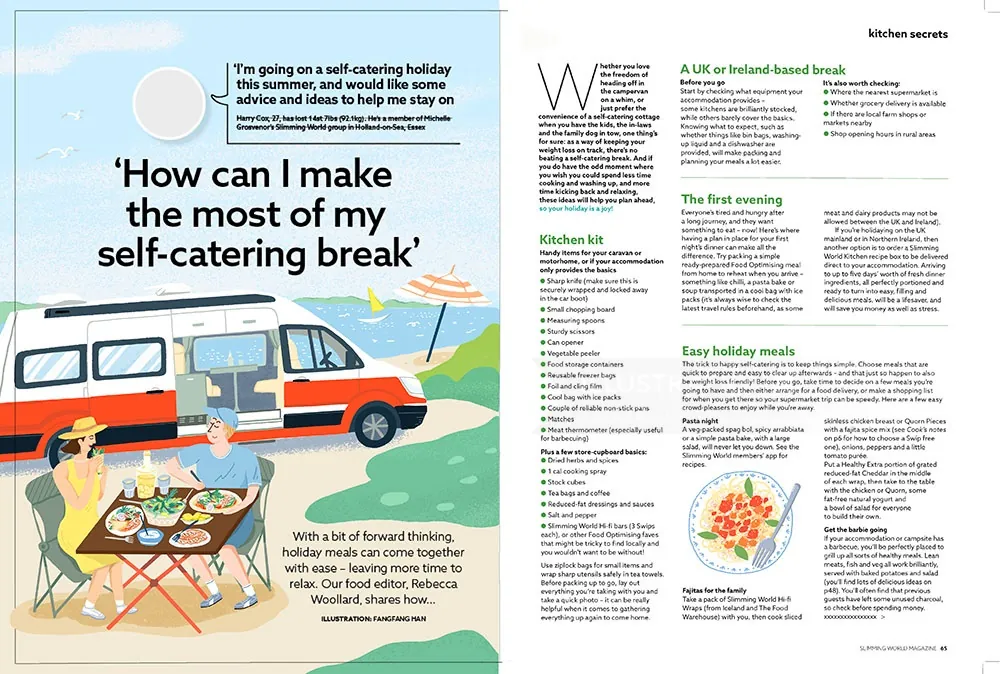 Illustration by Fangfang Han of a camper van picnic beside a self-catering holiday article