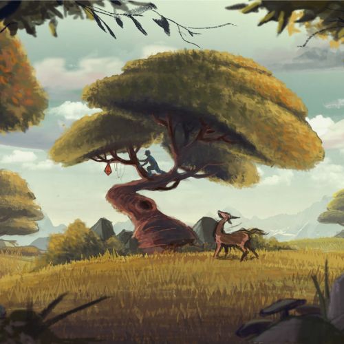 Illustration of boy and deer playing in nature