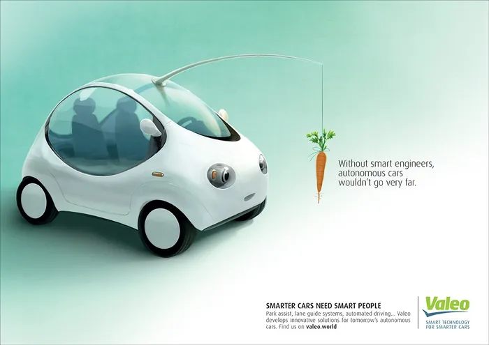 Futuristic autonomous car chasing carrot on string by Fernando Juarez