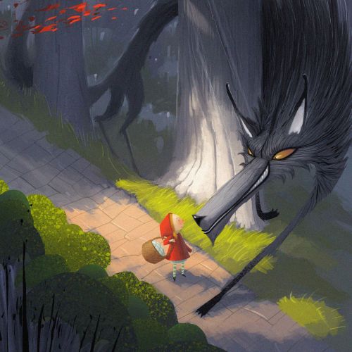 Little Red Riding Hood faces a large wolf in a dark forest by Fernando Juarez