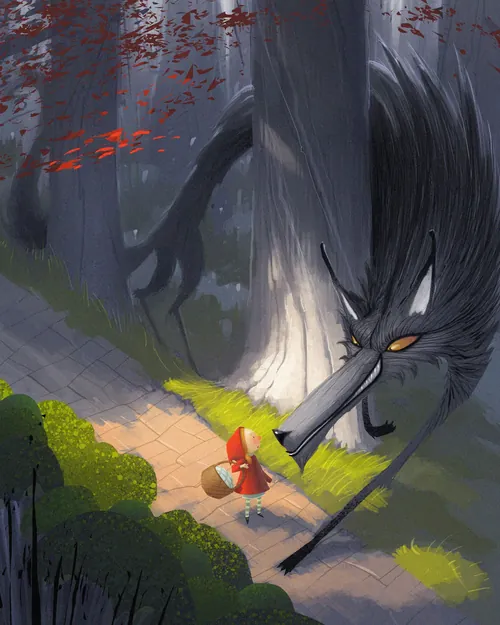 Little Red Riding Hood faces a large wolf in a dark forest by Fernando Juarez