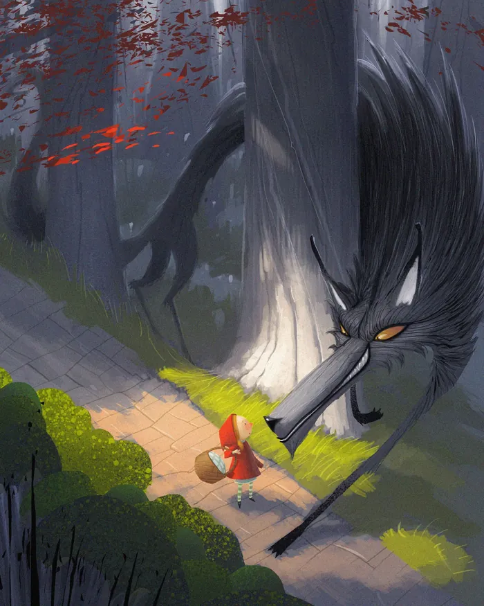 Little Red Riding Hood faces a large wolf in a dark forest by Fernando Juarez