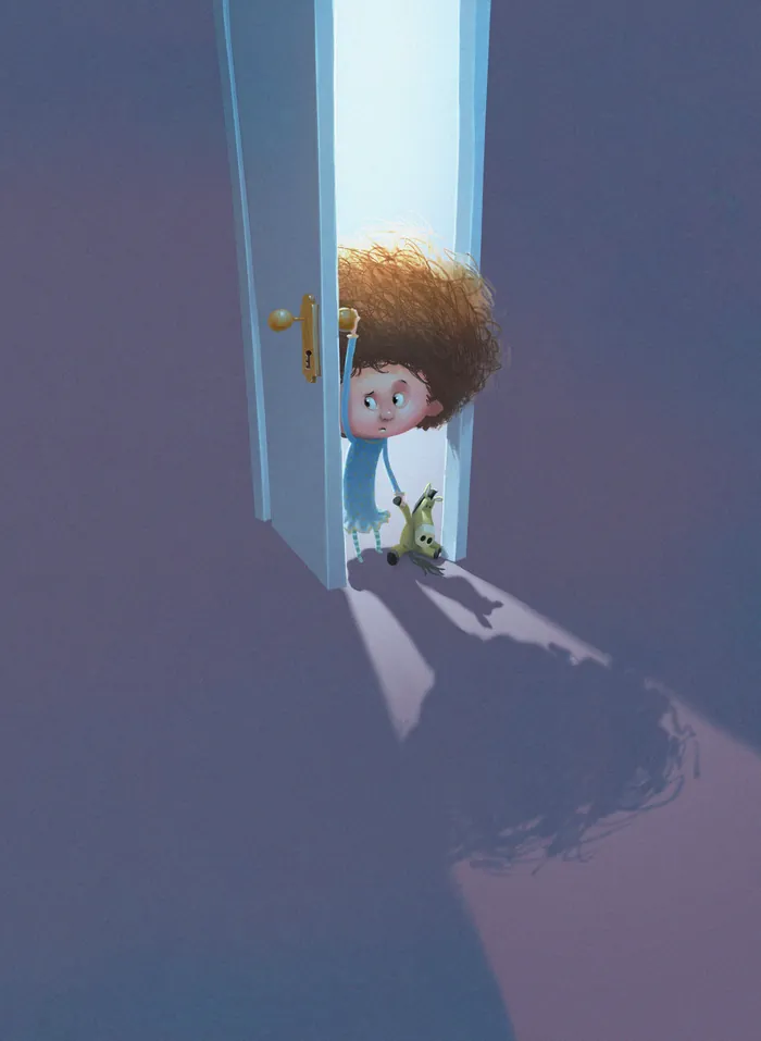 Child peeking through door holding a toy by Fernando Juarez