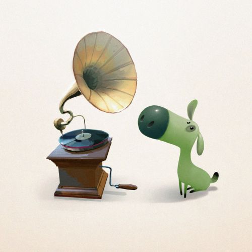 Green cartoon dog listening to gramophone music by Fernando Juarez
