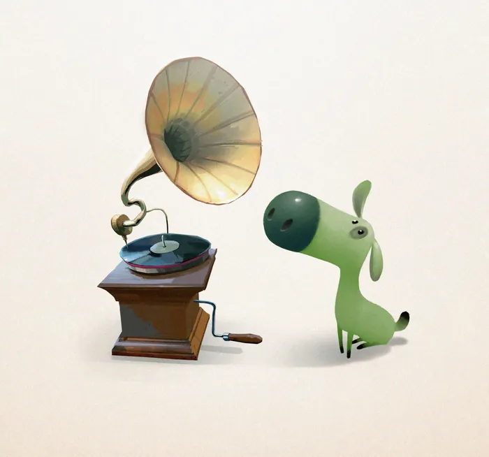 Green cartoon dog listening to gramophone music by Fernando Juarez