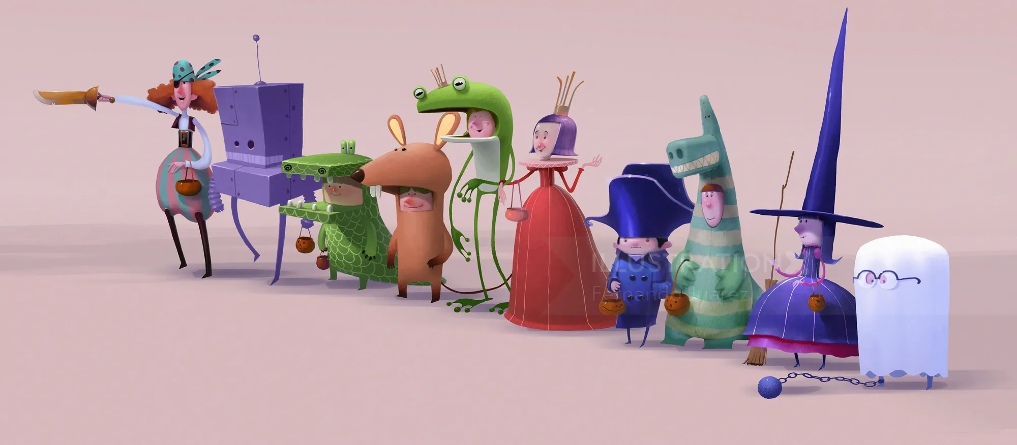 Colorful 3D animated character lineup by Fernando Juarez