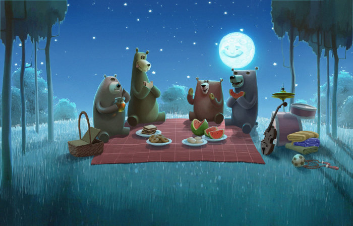 Character illustration of bears eating 