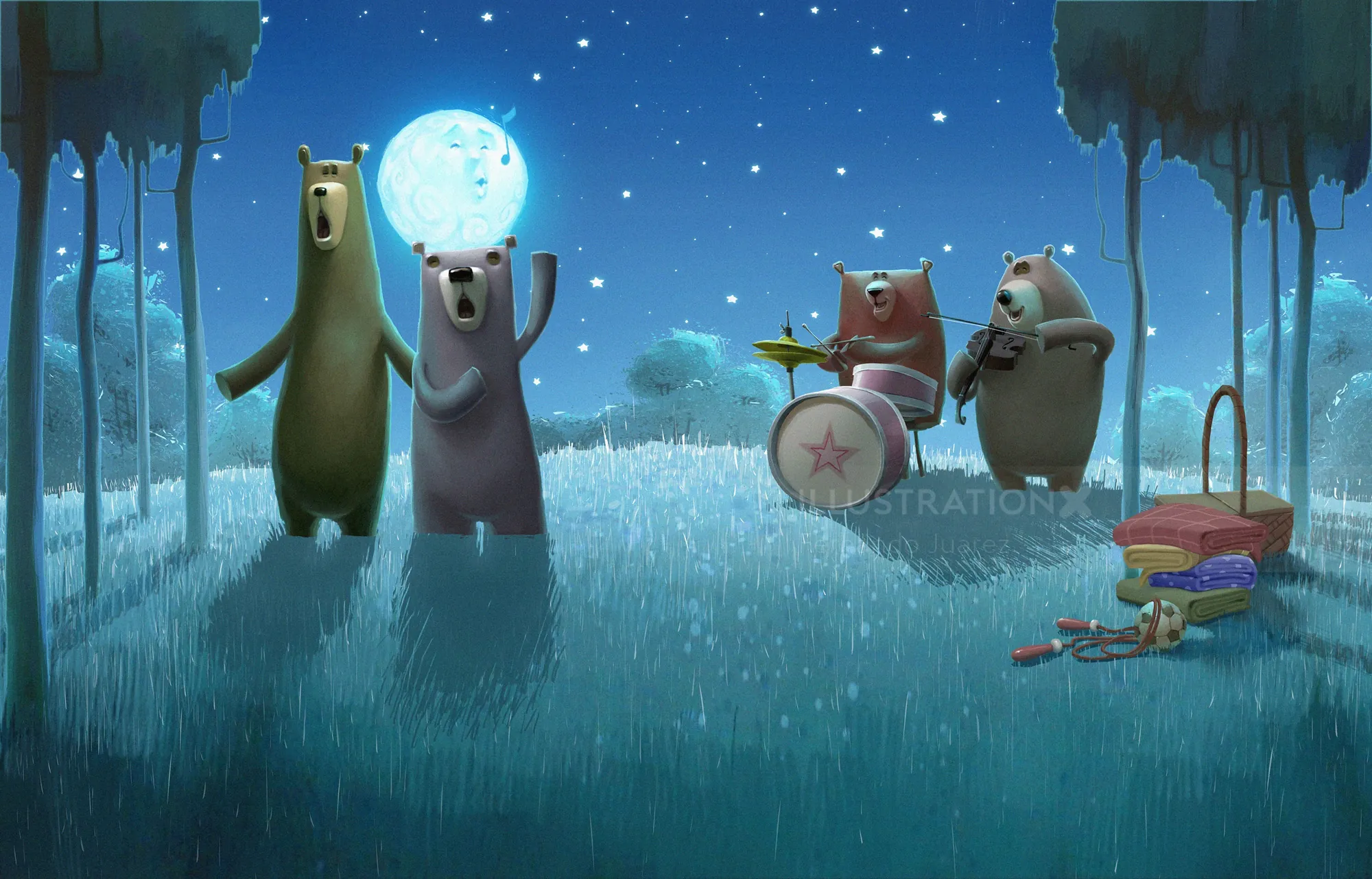 Bears playing music and singing outdoors at night by Fernando Juarez