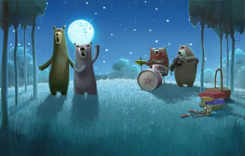 Bears playing music and singing outdoors at night by Fernando Juarez