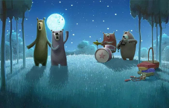 Bears playing music and singing outdoors at night by Fernando Juarez