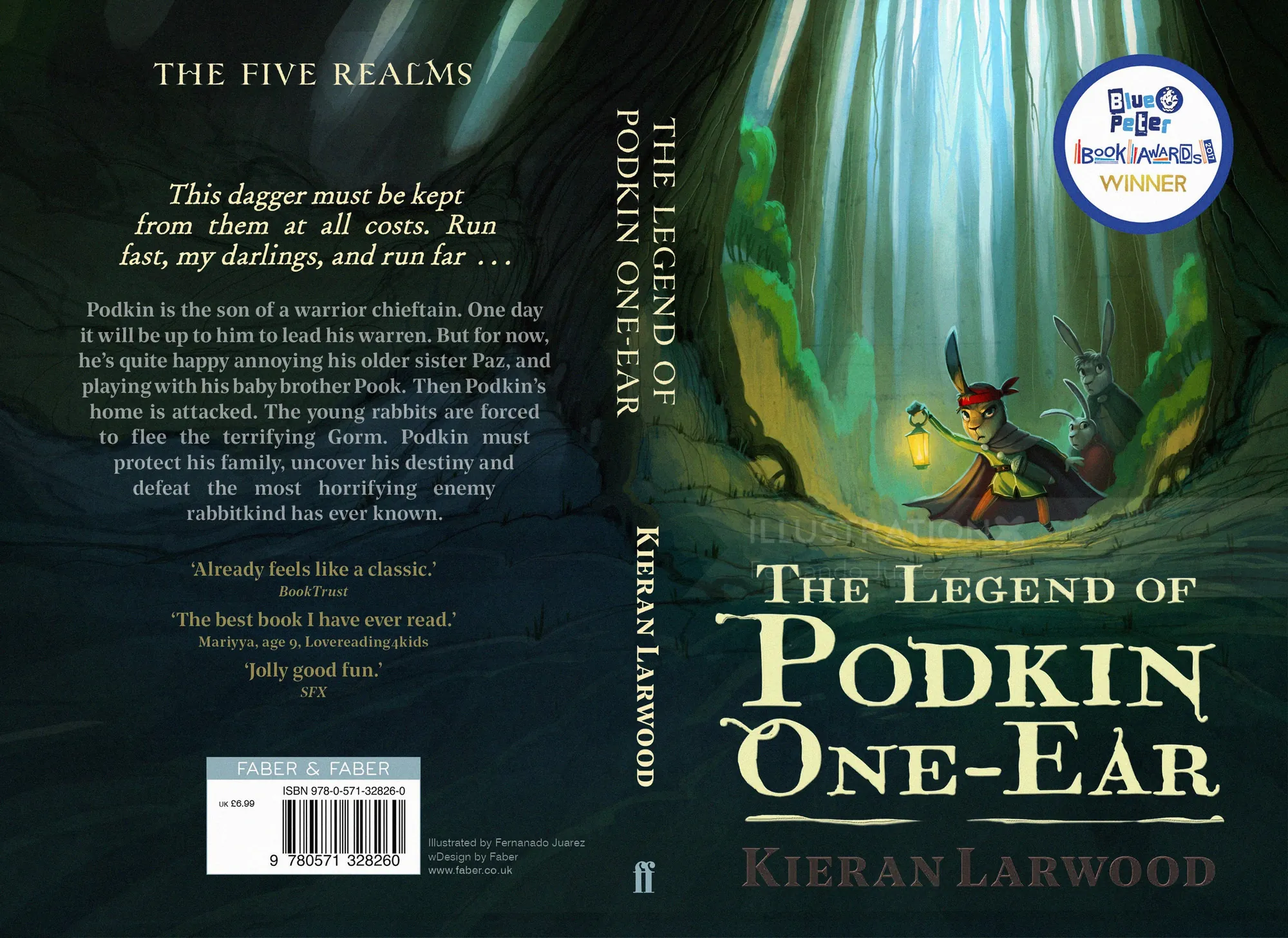 Book cover with glowing dagger in dark forest, illustration by Fernando Juarez