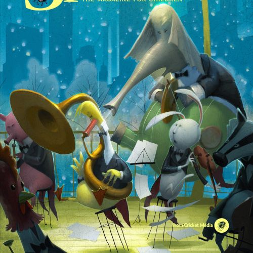 Insects playing musical instruments in a forest, illustration by Fernando Juarez