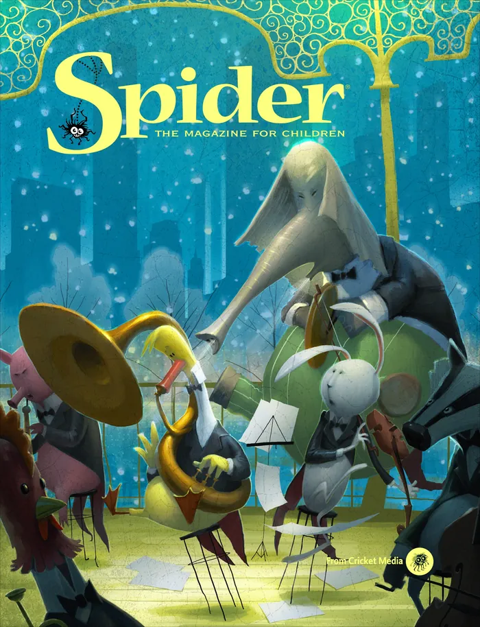 Insects playing musical instruments in a forest, illustration by Fernando Juarez