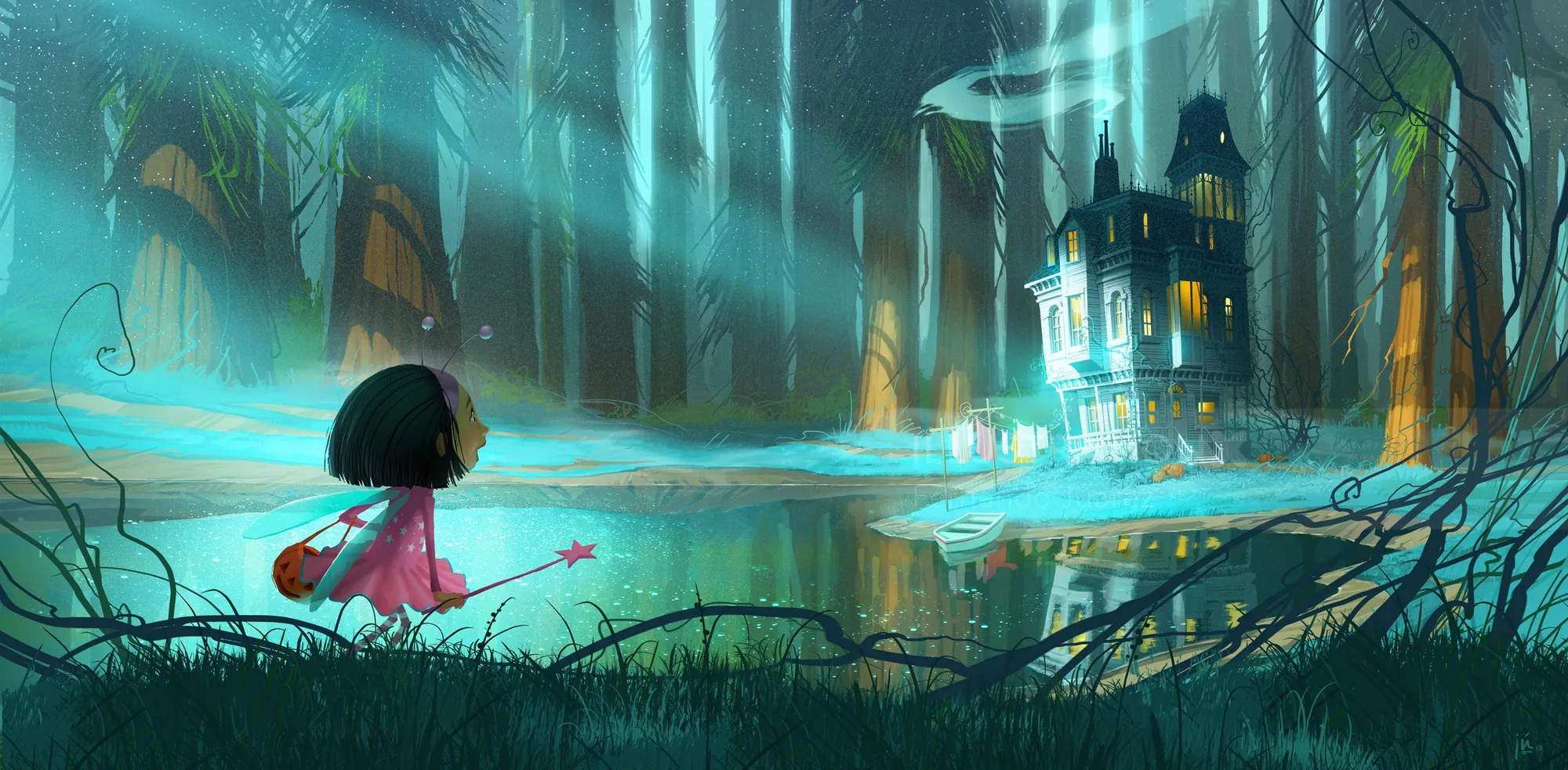 A girl approaching a glowing haunted house by a misty lake, artwork by Fernando Juarez