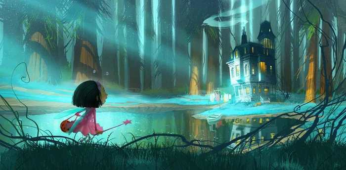 A girl approaching a glowing haunted house by a misty lake, artwork by Fernando Juarez