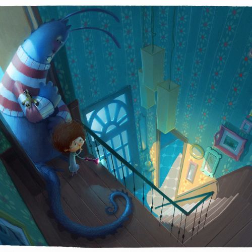 Child and large striped cat sit on staircase landing in decorated house by Fernando Juarez