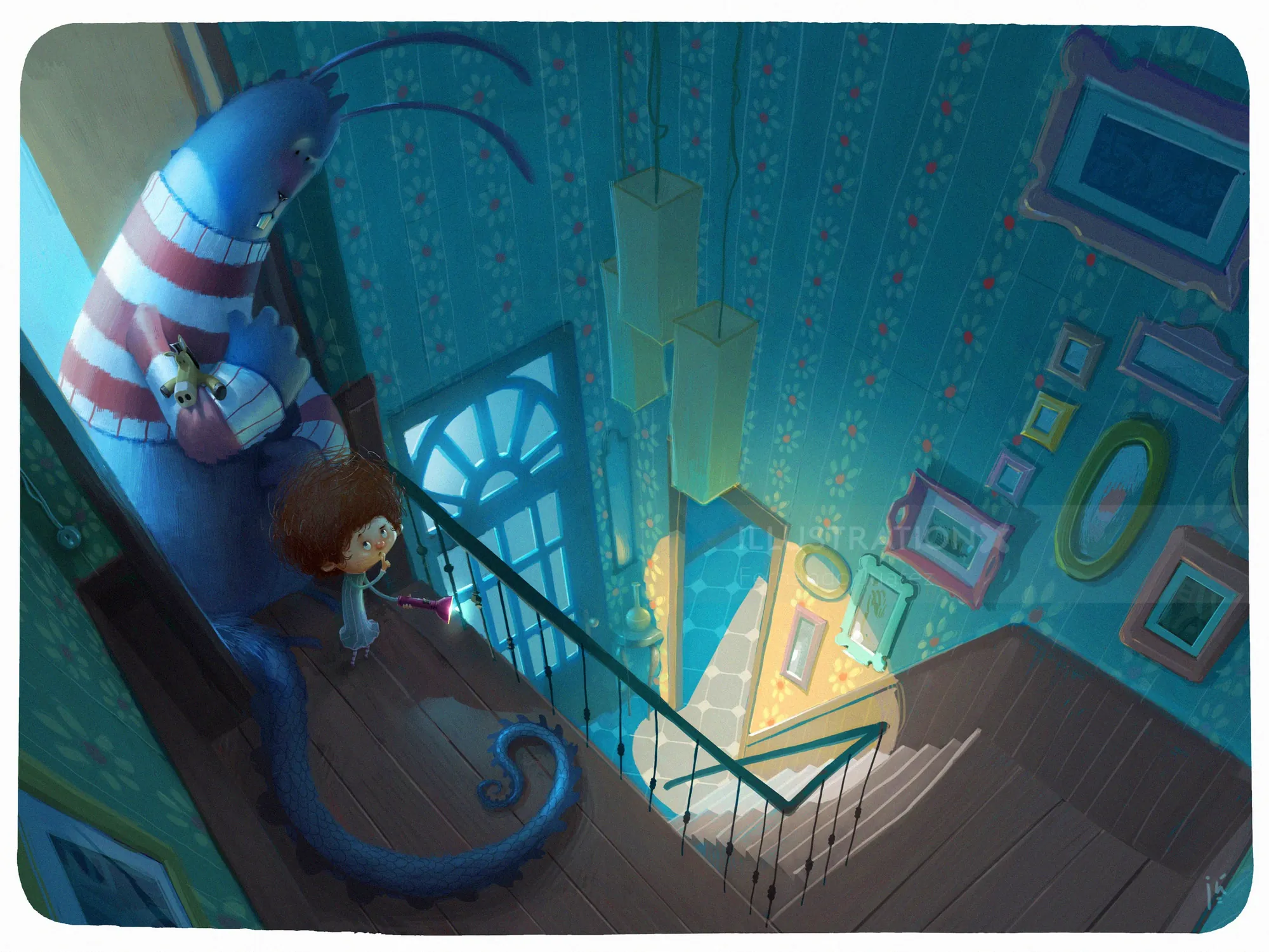 Child and large striped cat sit on staircase landing in decorated house by Fernando Juarez