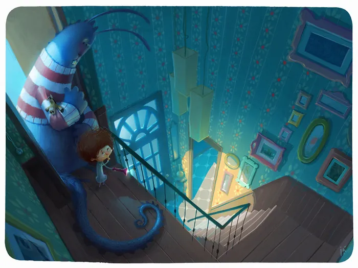 Child and large striped cat sit on staircase landing in decorated house by Fernando Juarez