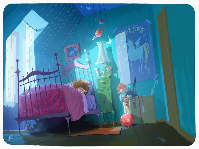 Child sleeping in colorful bedroom with pegasus poster and toys by Fernando Juarez