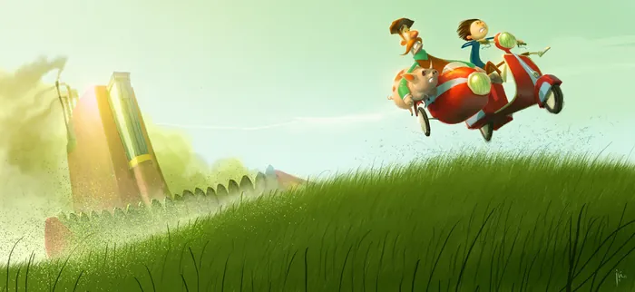 Three children flying on a red rocket over grass by Fernando Juarez