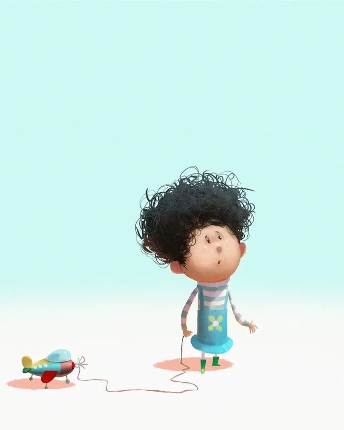 Child with curly hair playing with toy airplane by Fernando Juarez