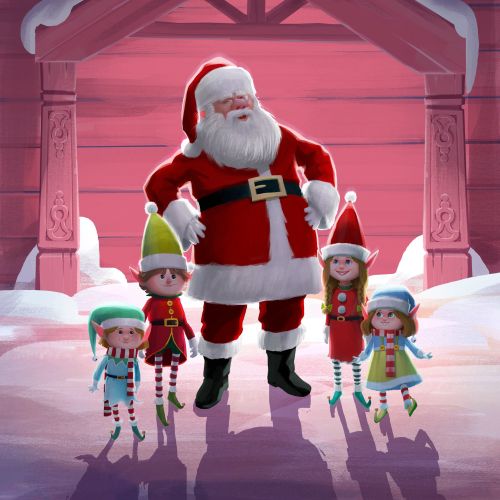 Santa Claus with four elves in a snowy cabin by Fernando Juarez