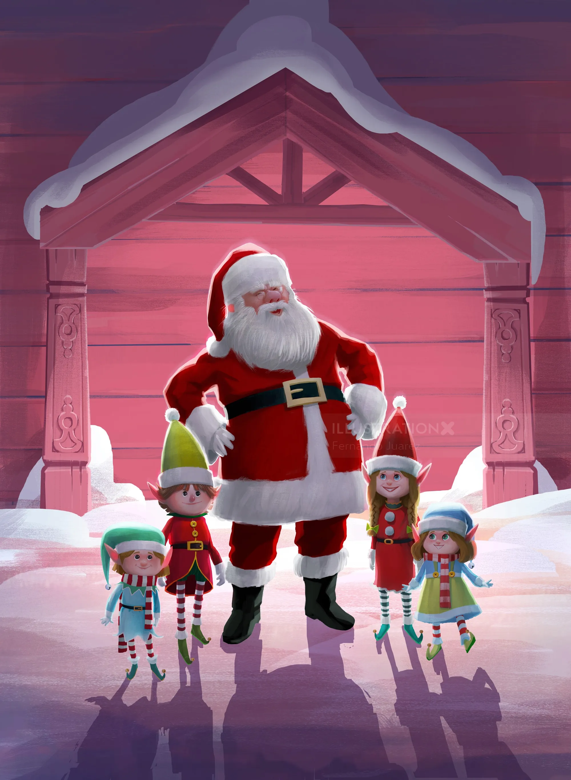 Santa Claus with four elves in a snowy cabin by Fernando Juarez