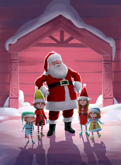 Santa Claus with four elves in a snowy cabin by Fernando Juarez