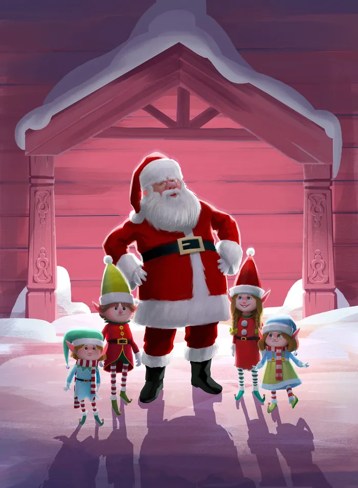 Santa Claus with four elves in a snowy cabin by Fernando Juarez