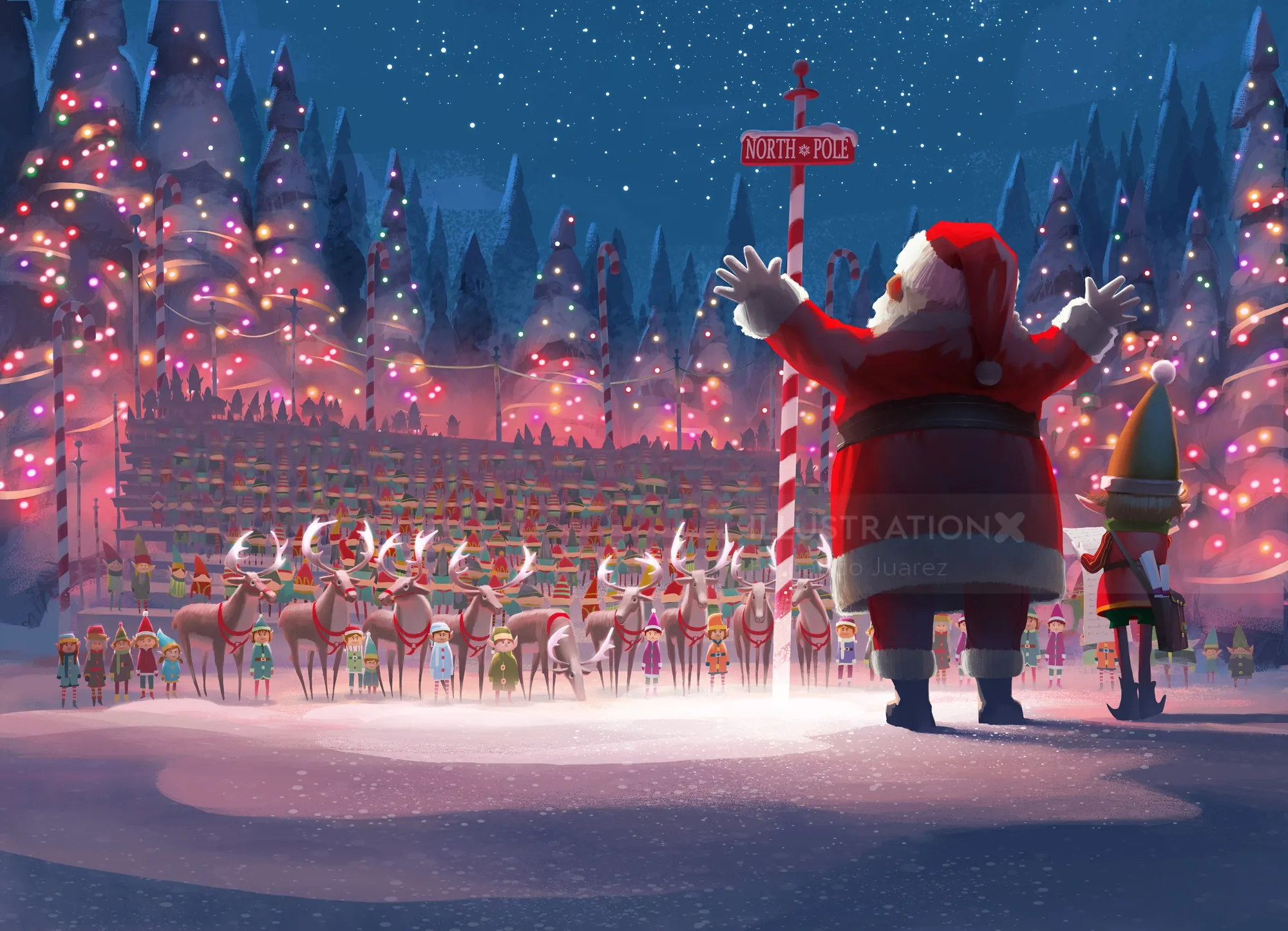 Santa Claus with elf and glowing reindeer in snowy forest by Fernando Juarez