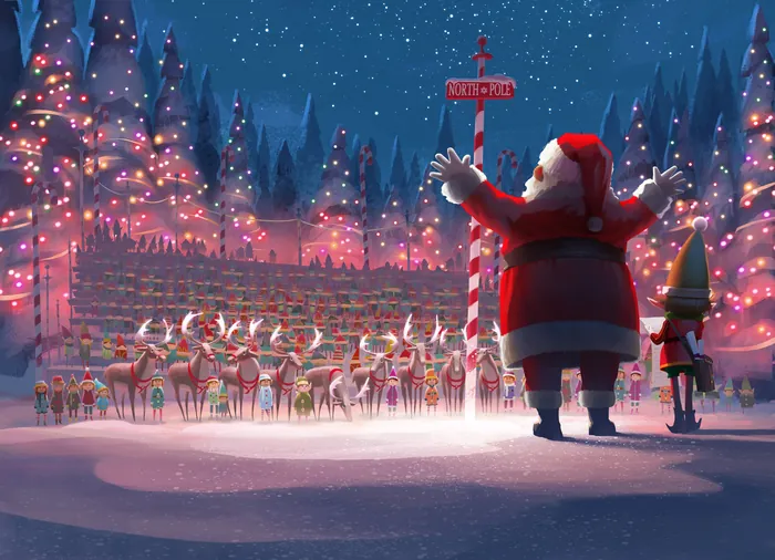 Santa Claus with elf and glowing reindeer in snowy forest by Fernando Juarez