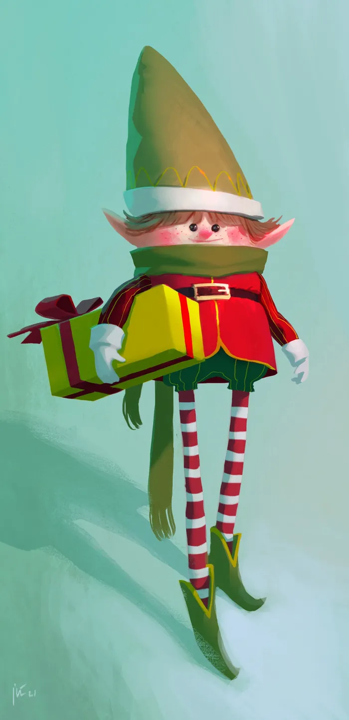Cat dressed as Christmas elf holding a gift by Fernando Juarez