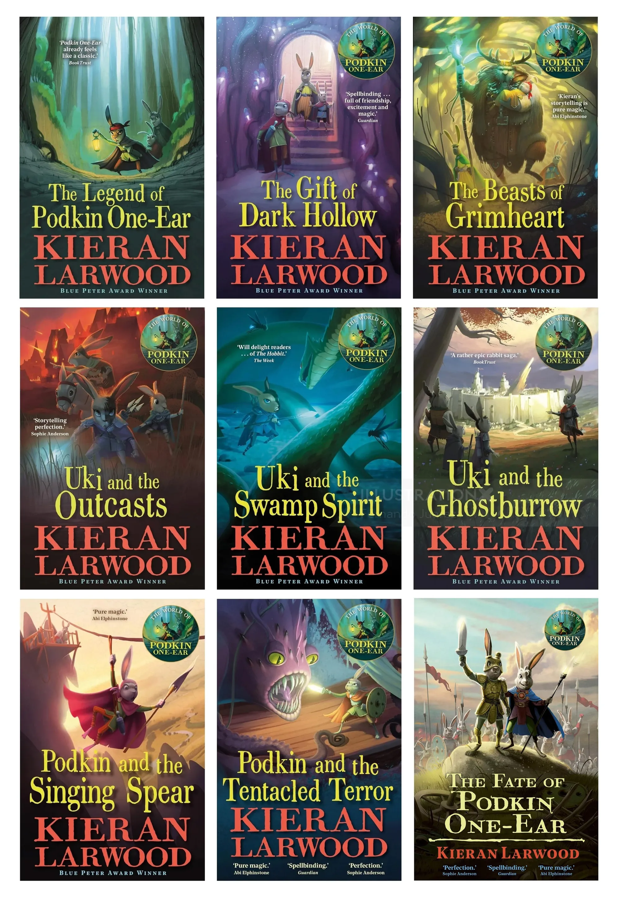Nine fantasy book covers from The Legend of Podkin One-Ear series by Fernando Juarez