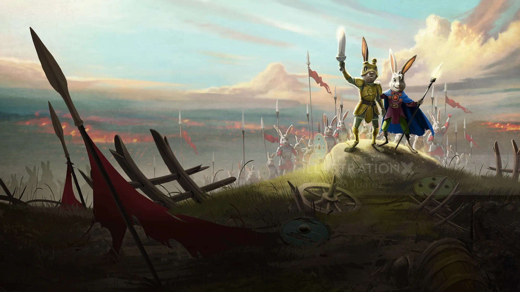 Two armored warriors on hill overlooking battlefield by Fernando Juarez