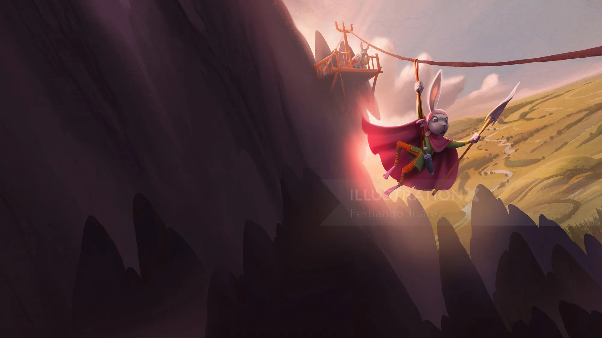 Fantasy hero with red cape descending cliff near castle, by Fernando Juarez