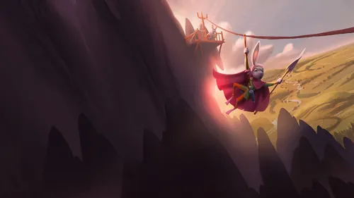 Fantasy hero with red cape descending cliff near castle, by Fernando Juarez
