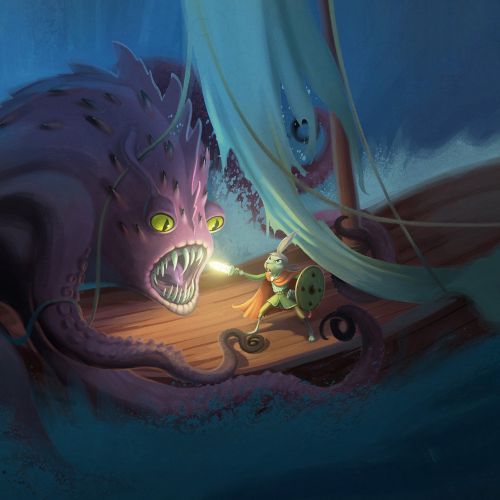 Child holding lantern faces giant sea monster in underwater cave by Fernando Juarez