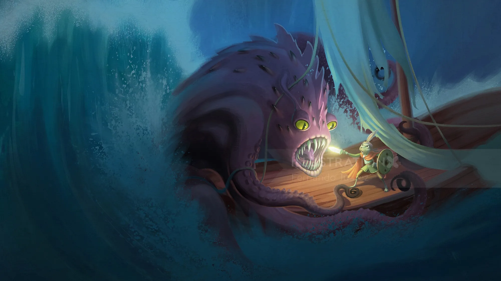 Child holding lantern faces giant sea monster in underwater cave by Fernando Juarez