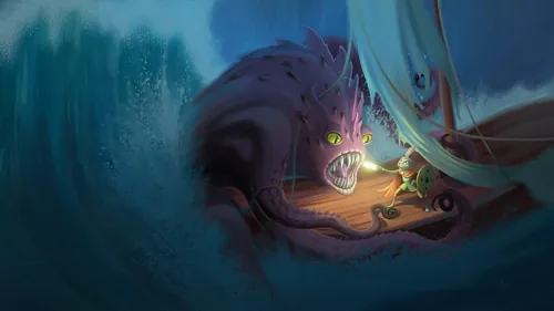 Child holding lantern faces giant sea monster in underwater cave by Fernando Juarez