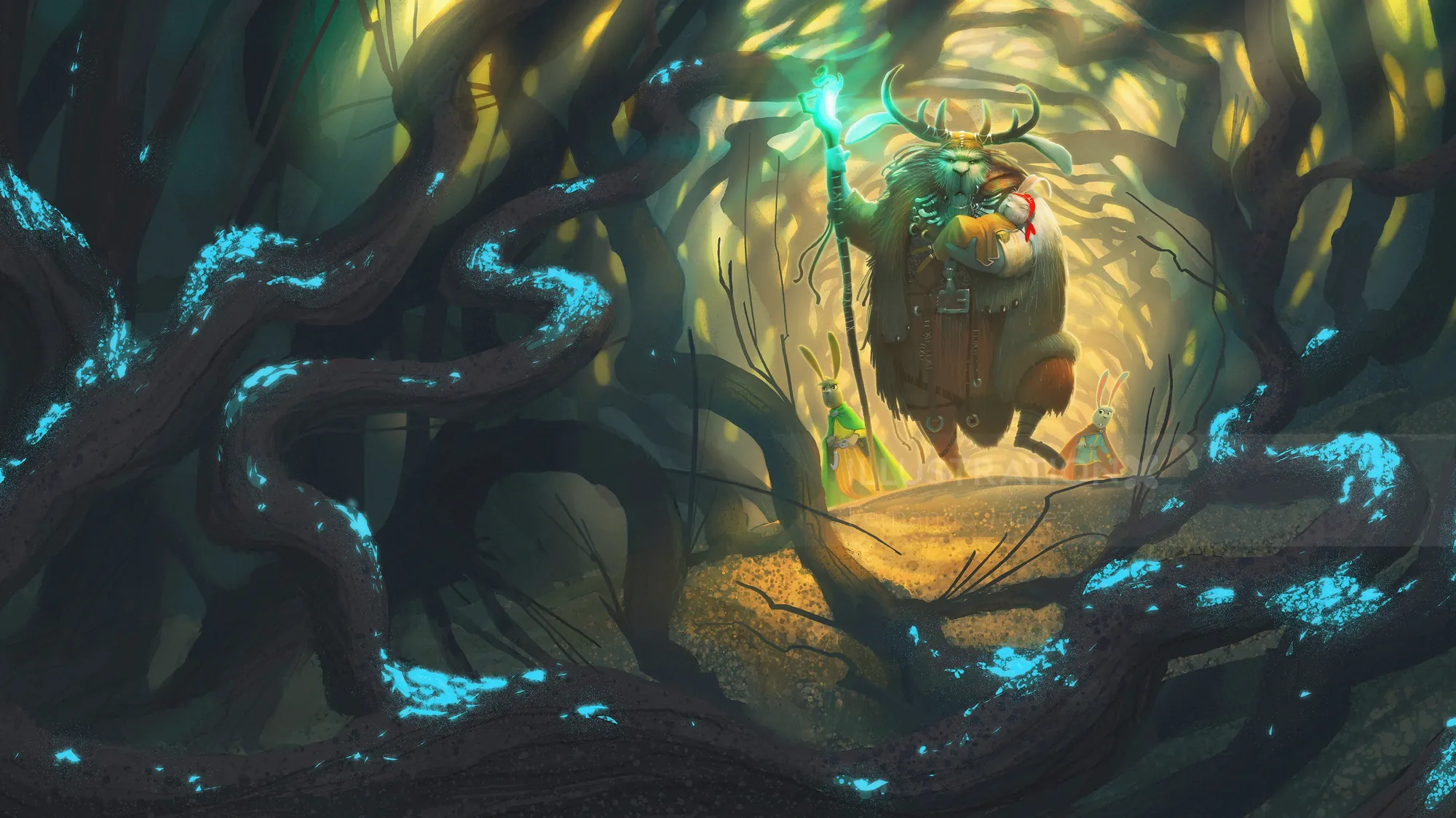 Mysterious glowing creature in enchanted forest by Fernando Juarez