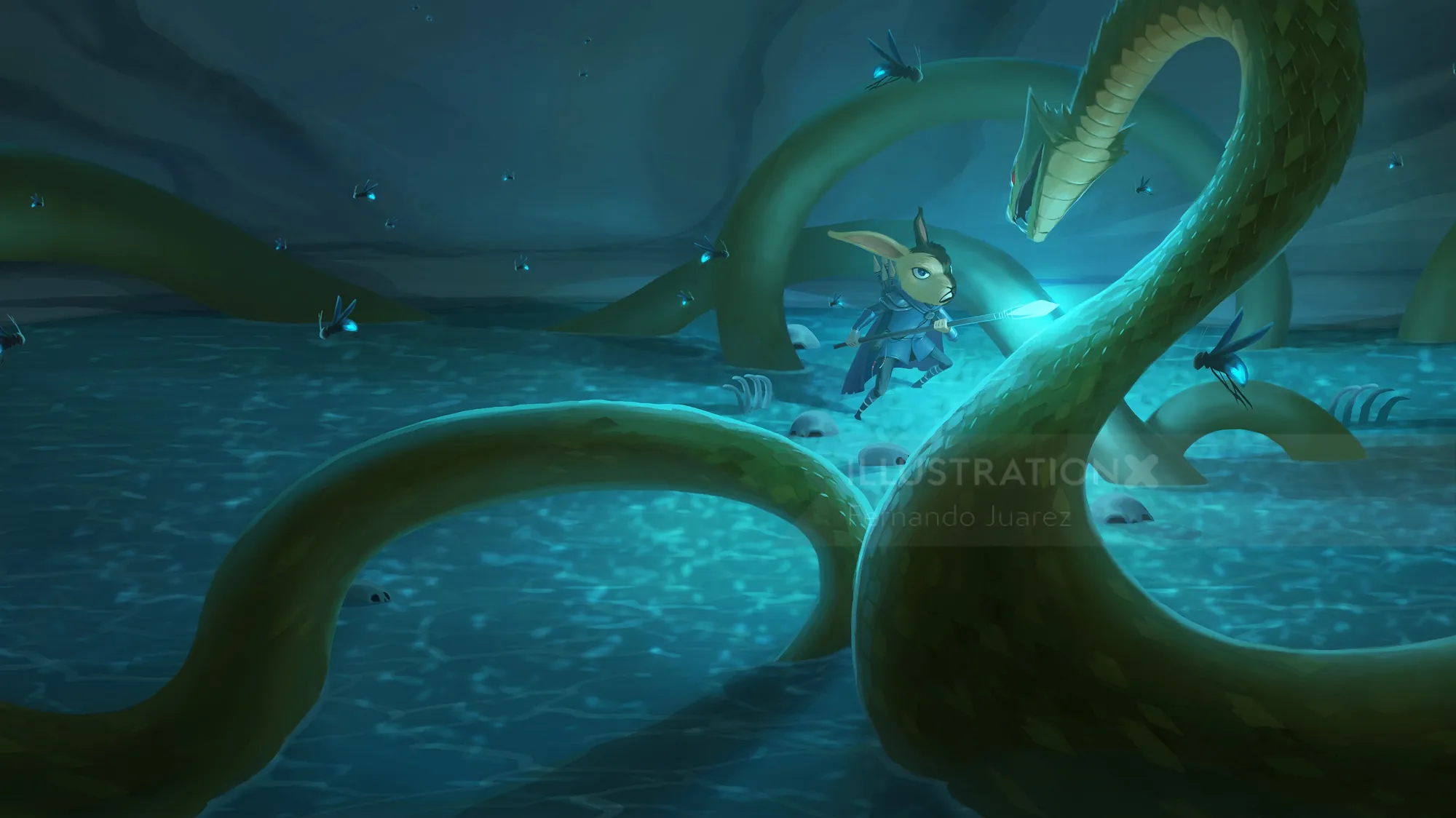 Underwater explorer faces giant tentacles in blue sea environment by Fernando Juarez