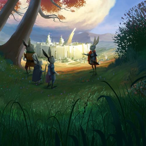 Three travelers walk through forest toward glowing city at sunset by Fernando Juarez