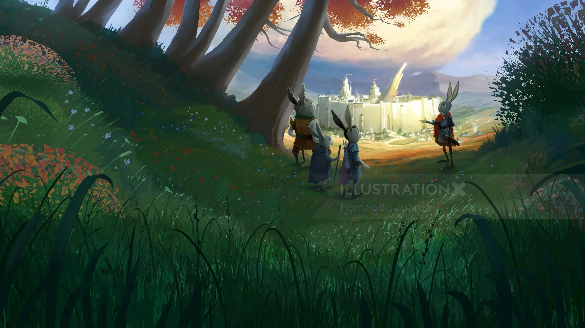 Three travelers walk through forest toward glowing city at sunset by Fernando Juarez