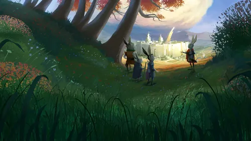 Three travelers walk through forest toward glowing city at sunset by Fernando Juarez