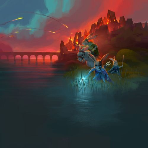 Fantasy landscape with glowing figure by water at sunset by Fernando Juarez