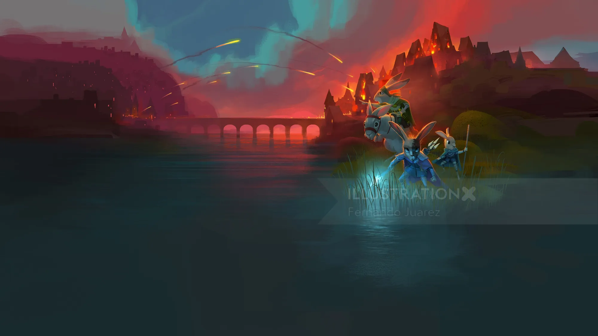 Fantasy landscape with glowing figure by water at sunset by Fernando Juarez