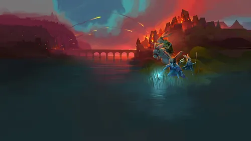 Fantasy landscape with glowing figure by water at sunset by Fernando Juarez
