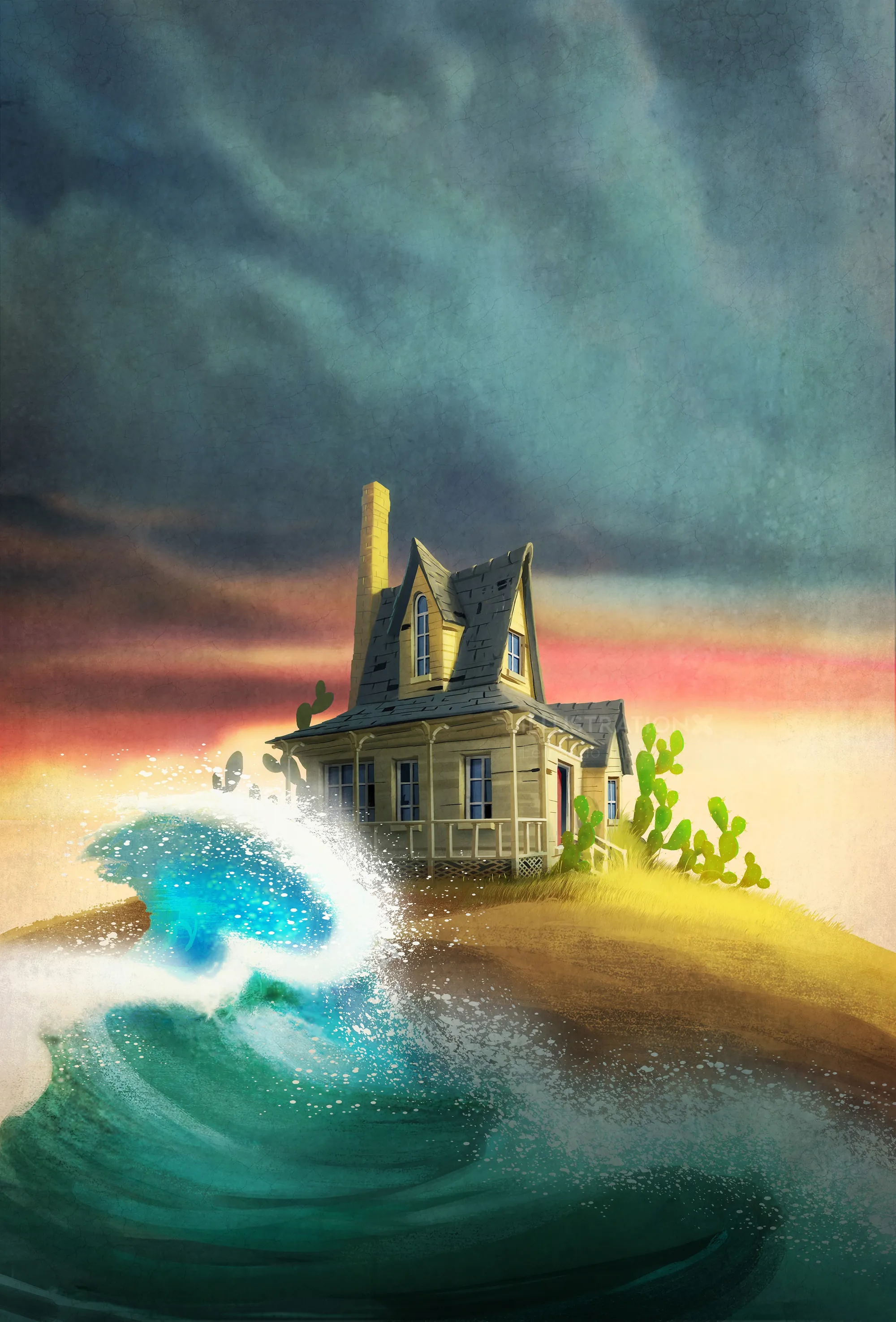 House on cliff overlooking ocean waves by Fernando Juarez