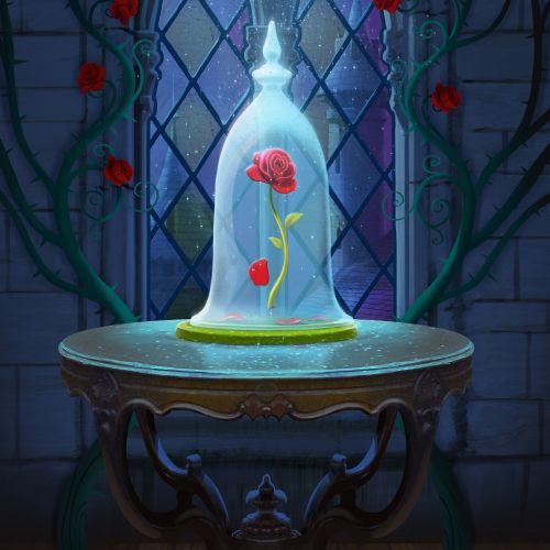 Glowing bottle with red petals on ornate table in dark room by Fernando Juarez