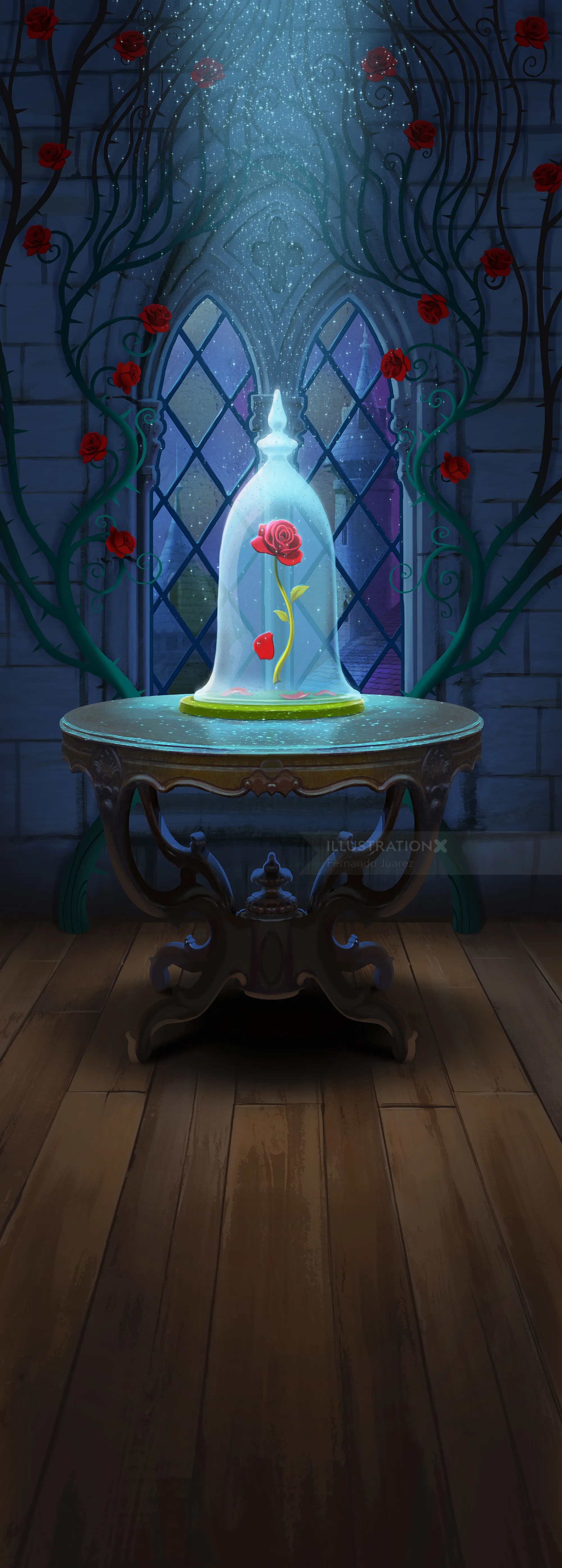 Glowing bottle with red petals on ornate table in dark room by Fernando Juarez